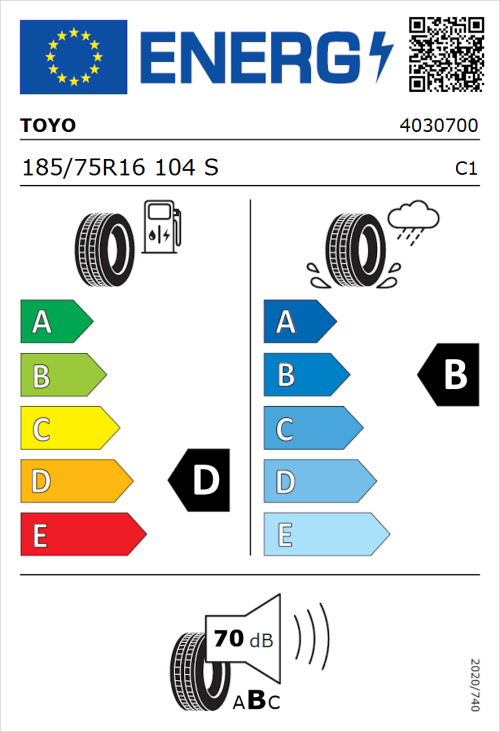 Tyre Label for Toyo Neva 185/75R16 104S